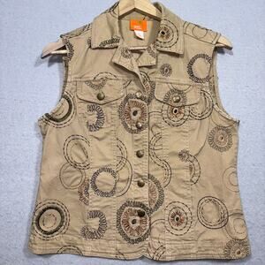 Hearts of Palm Boho Artsy Embroidered Vest Size 10 Beige Tan Neutral Circles‎